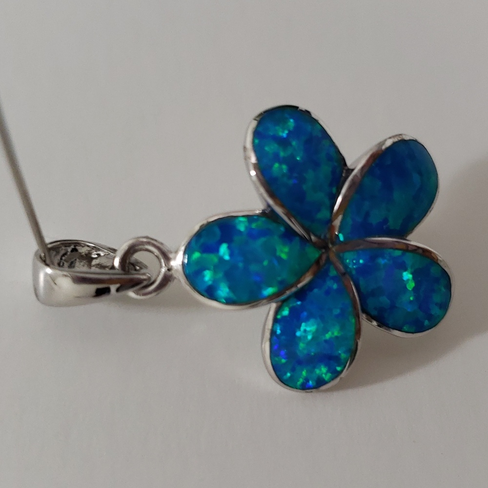 New Blue Opal Flower Pendant Set In 925 Silver
